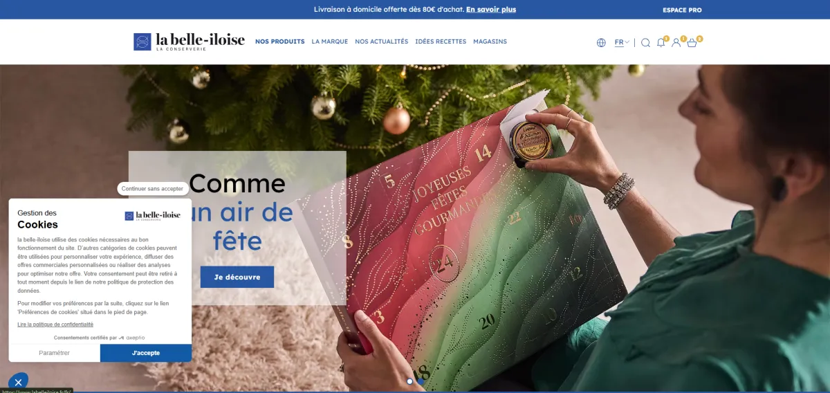 Page d'accueil de la boutique PrestaShop de la belle-iloise, avec son calendrier de l'Avent en vedette